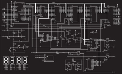 Vector electrical circuit. 
A complex large schematic diagram of electronic device for data output 
to seven-segment indicators, operating under the control of microcontroller.