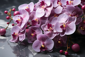 lilac, purple orchids in close-up on a marble background. exotic flowers.