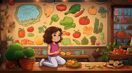 girl in a fruits shop cartoon style