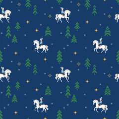 Vector seamless pattern with winter forest and children riding horses