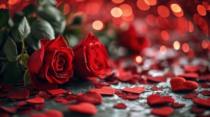 A vivid Valentine's Day background, hearts, roses