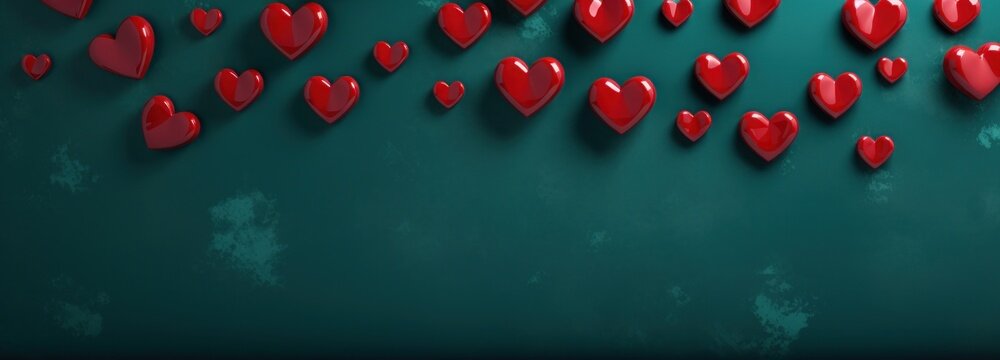 red heart paper confetti on green background