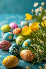 Fototapeta premium Easter background with lively colors, decorated eggs