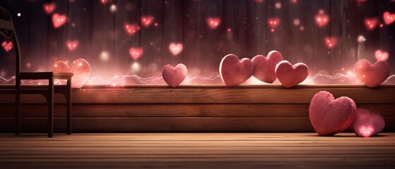 several red hearts are sitting on a wooden bench