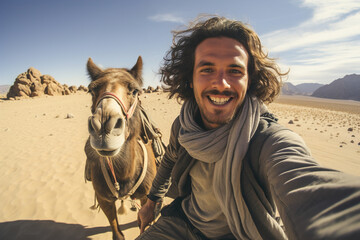 A man taking a selfie with a horse in the desert.