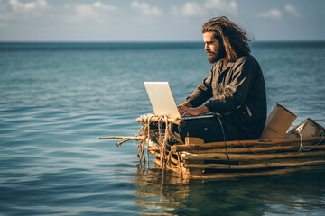 A man programmer sitting on raft in the sea. Coding remote on a laptop computer from the middle of the ocean. - obrazy, fototapety, plakaty