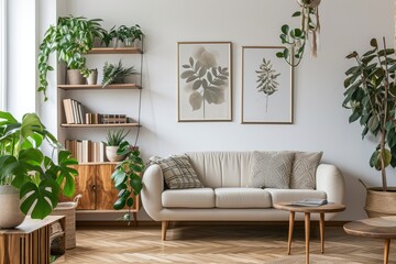 Minimalist Living Room Interior with Fresh Plants, Empty Sofa Space, and Simple Design Accents