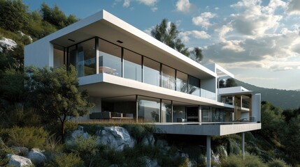 Minimalist Luxury Villa: Modern Cube House with Hilltop Balcony