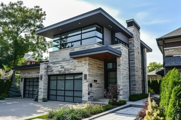 Fototapeta premium Modern Sophistication: Architectural Masterpiece with Sleek Stone Facade and Stylish Design