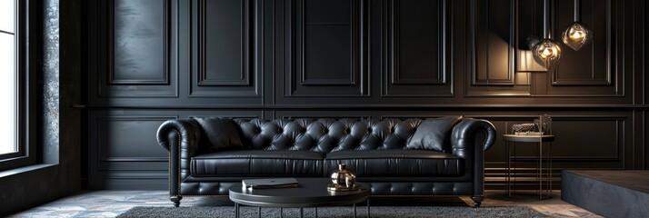 Modern Living Room Interior with Black Leather Tufted Sofa and Dark Paneling Wall