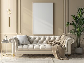 Modern Beige Velvet Sofa with Wall Frame Mockup in Art Deco Living Room Interior