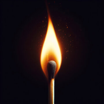 A lit matchstick creating a flame black background close up. ai generative