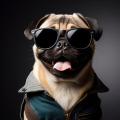 a smiling pug wearing sunglasses standing isolated on dark background. ai generative
