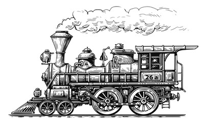Vintage train, side view. Retro steam locomotive in sketch style. Hand drawn transport illustration - obrazy, fototapety, plakaty