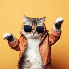 Keuken spatwand met foto a stylish cat wearing sunglasses and a jacket, dancing with joy on solid color background. ai generative © Igor
