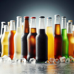 Assorted non alcoholic soda bottles with water droplets With copy space for text. ai generative