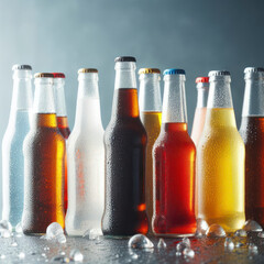Assorted non alcoholic soda bottles with water droplets With copy space for text. ai generative