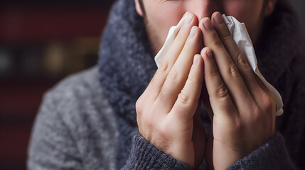 Un homme en train de se moucher en hiver.
