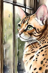Watercolor Bengal Cat Looking out a Rainy Window