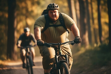 A group of fat overweight people riding bikes in a park. - obrazy, fototapety, plakaty