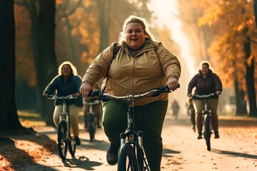 A group of fat overweight people riding bikes in a park.