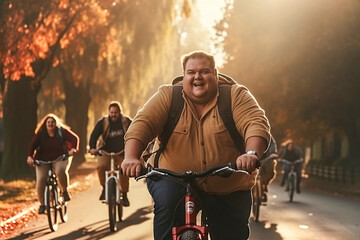 A group of fat overweight people riding bikes in a park. - obrazy, fototapety, plakaty