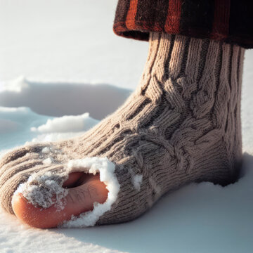 Foot in a warm winter sock with a hole in the big toe on solid white background. ai generative