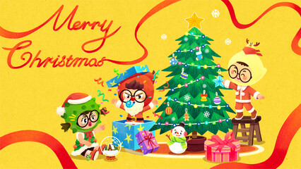 Christmas card with Santa Claus and gifts original art happy Christmas
