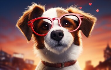 the dog wears a pair of heart shaped glasses