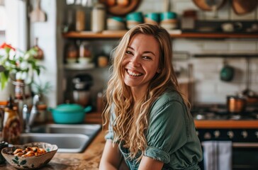 Fototapeta na wymiar woman smiling and posing in kitchen