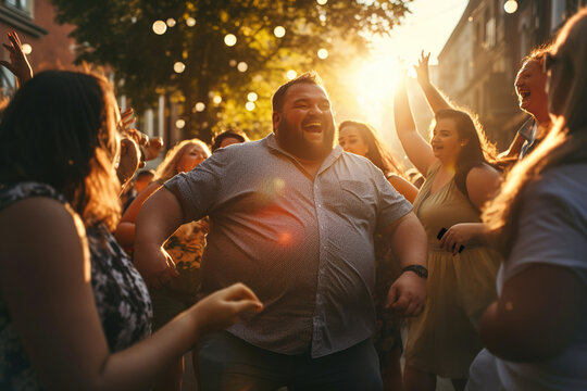 A fat overweight man dancing with other people outside on sunset. Happy plus-size dancing people.