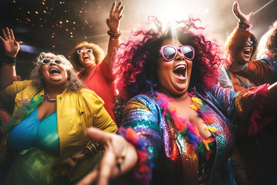 A group of fat overweight women with their arms in the air dancing in disco.