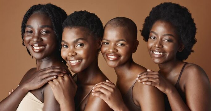 Face, beauty and skincare with black woman friends in studio on a brown background for natural wellness. Portrait, smile and happy with a group of people looking confident at antiaging treatment