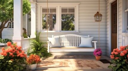 A classic front porch with a porch swing, potted flowers, and a welcoming atmosphere - obrazy, fototapety, plakaty