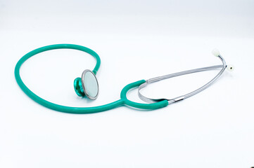stethoscope a medical device for auscultation, or listening to internal sounds of an animal or human body with small disc shaped resonator that is placed against the skin isolated on white background - obrazy, fototapety, plakaty