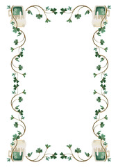 Frame of twigs of shamrock clover with mugs of green ale. Decoration for St. Patrick's Day. Isolated watercolor illustration on white background. Clipart.