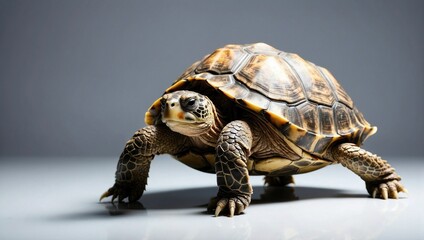 Obraz premium A tortoise in profile walking on a smooth surface, detailed texture of its shell and skin visible against a gray studio background.