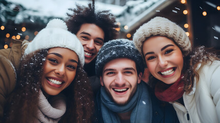 Smiling portrait of young group of student friends enjoying time together on winter. Young adult...
