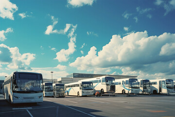 A row of buses parked in a parking lot. - obrazy, fototapety, plakaty