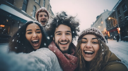 Smiling portrait of young group of student friends enjoying time together on winter. Young adult...