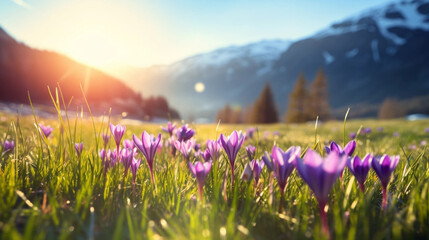 copy space, stockphoto, beautiful alpine meadow with wild purple narcisses during spring time, warm...