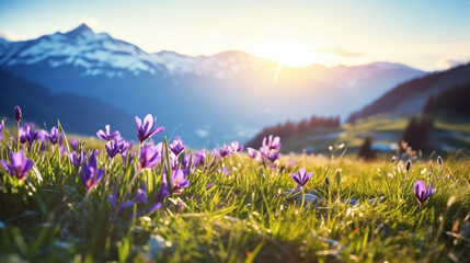 copy space, stockphoto, beautiful alpine meadow with wild purple narcisses during spring time, warm morning light. View on wild crocus flowers in the alps during sunrise. Early morning alpine langscap - obrazy, fototapety, plakaty