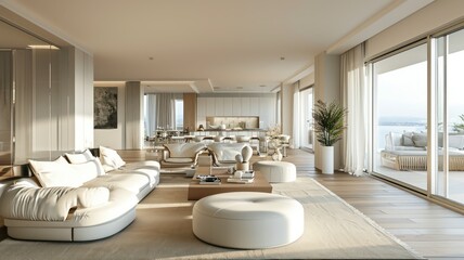 Fototapeta na wymiar A Modern White-Toned Living Room with Wood Floor