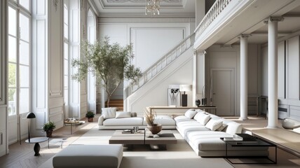 A Modern White-Toned Living Room with Wood Floor