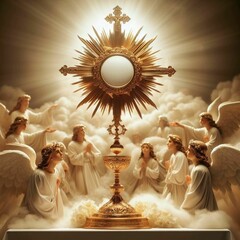 Blessed Sacrament exposed in the monstrance with angels worshiping