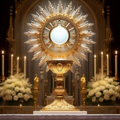 Blessed Sacrament exposed in the monstrance surrounded by angels - obrazy, fototapety, plakaty