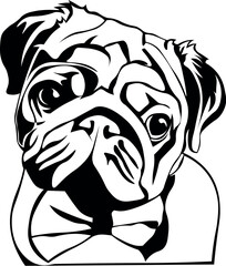 Cartoon Black and White Isolated Illustration Vector Of A Pet Puppy Dog Pugs Face and Head