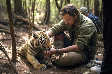A man wildlife biologists rehabilitator helps an injured little tiger. - obrazy, fototapety, plakaty