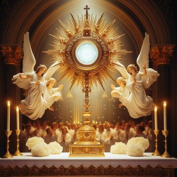Blessed Sacrament exposed in the monstrance with angels around