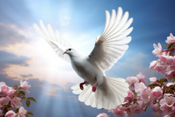 Obraz premium Flowers and flying white dove. Peace symbol background. Generative AI